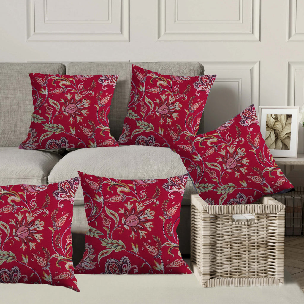 Red Vine Motif Cushion Cover 5 Pcs Set 16x16 inches