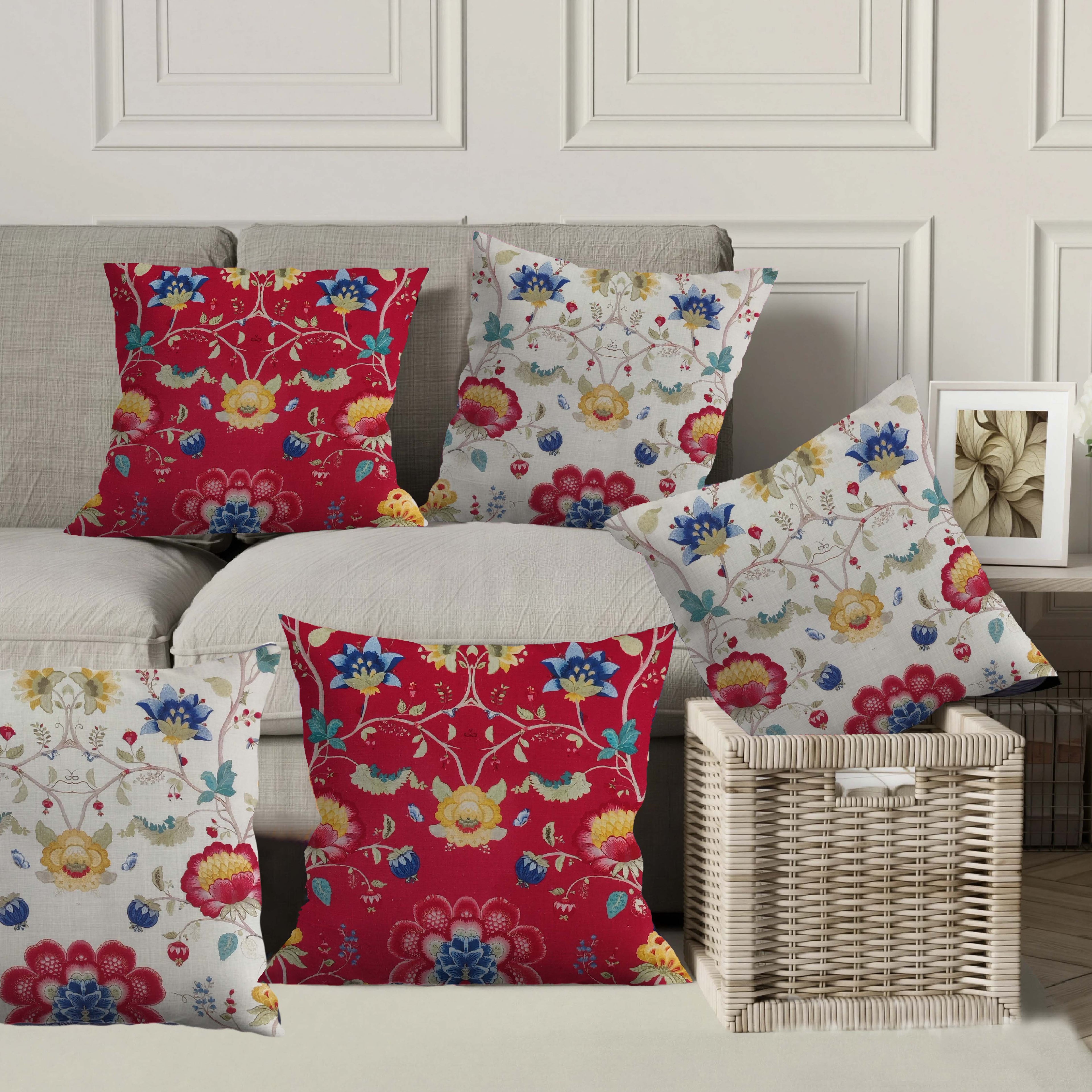 Utsav Flora Cushion Cover Red & White 5 Pcs Set, 16x16 inches