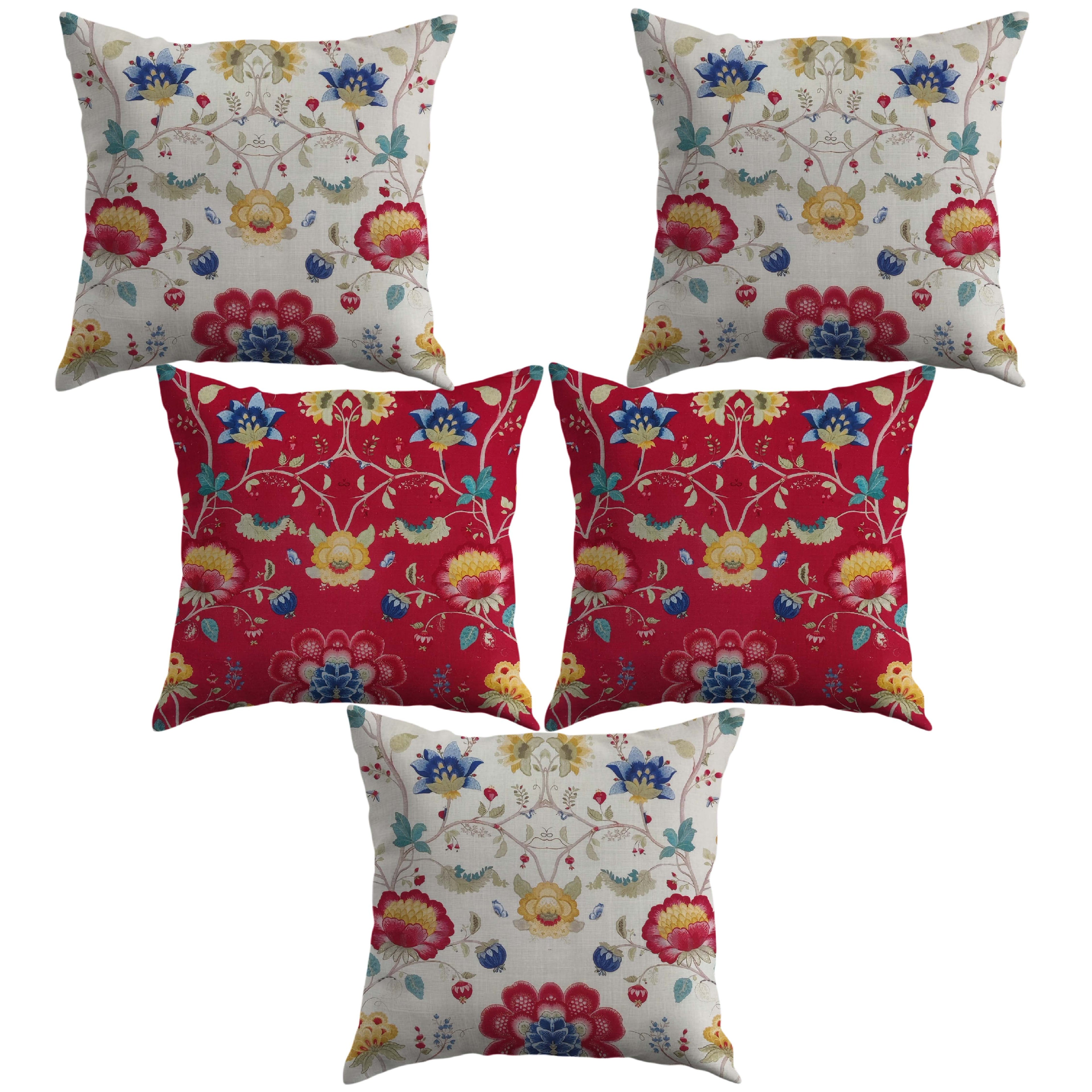 Utsav Flora Cushion Cover Red & White 5 Pcs Set, 16x16 inches